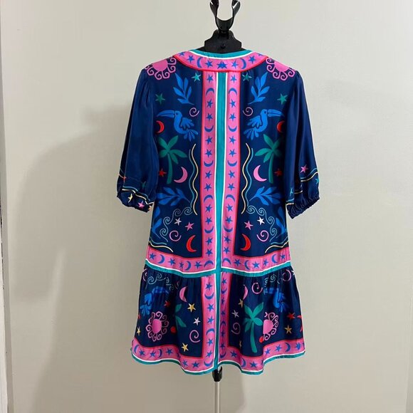 $398 NWOT Johnny Was Silk Blend Floral Mini Dress Size S Lace-up Stars Moon - Picture 3 of 13